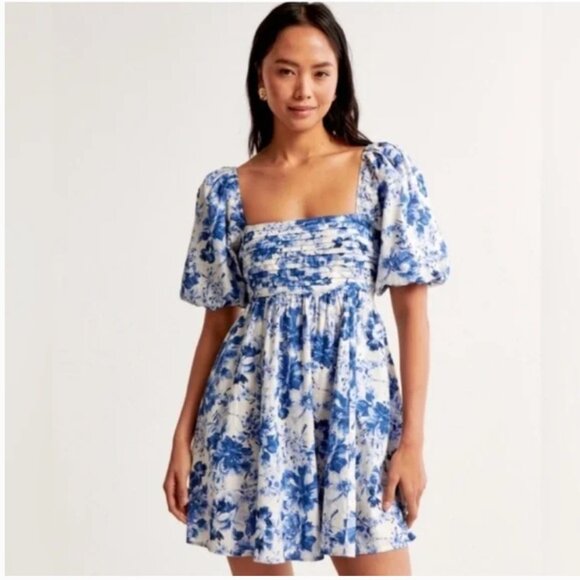 Abercrombie & Fitch Dresses & Skirts - Abercrombie & Fitch Emerson Poplin Puff Sleeve Mini Dress Blue White Medium